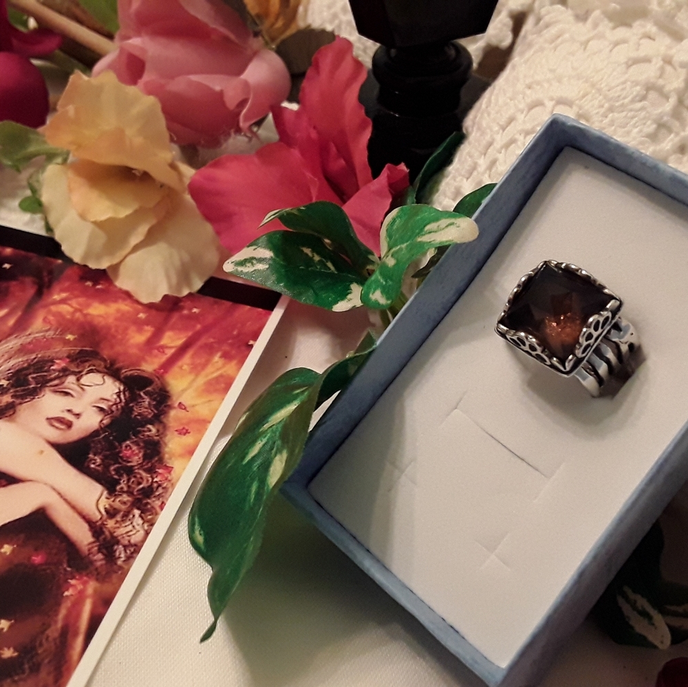 NEW, DESIGNER BASK 925 STERLING SILVER 13mm PYRAMID CUT SMOKY TOPAZ RING SIZE 6